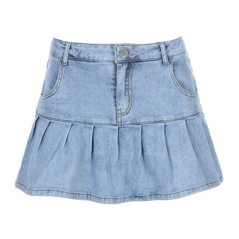 High-waist Ruffled-lined Pleated Denim Skirt